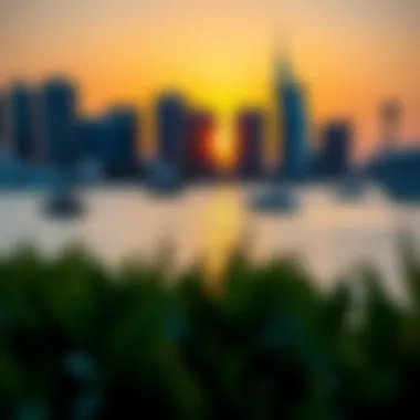A picturesque sunset view over the waters of Dubai Marina with boats sailing
