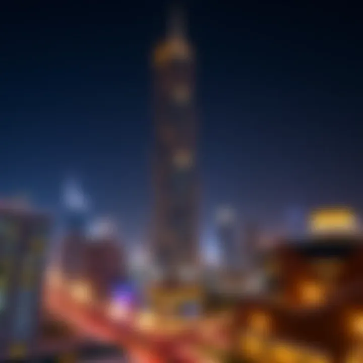 Night view of Boulevard Tower illuminated against Dubai's skyline