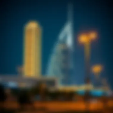 Nighttime panorama showcasing Burj Daman illuminated