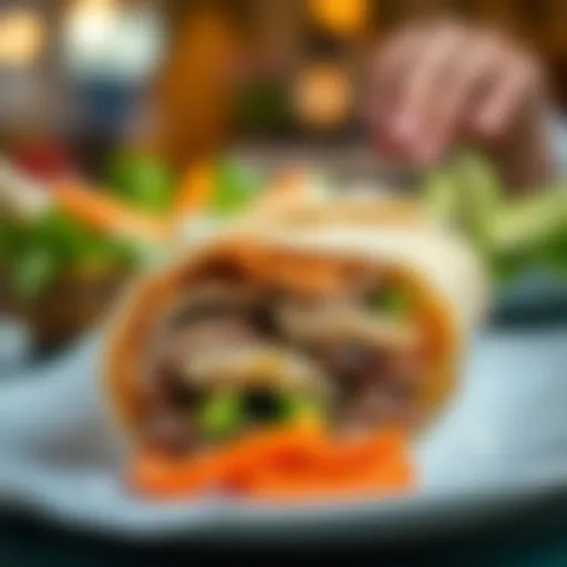 Delicious shawarma wrap showcasing layers of meat and fresh vegetables