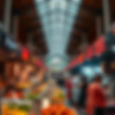 A vibrant marketplace scene with diverse food stalls, representing different global cuisines.