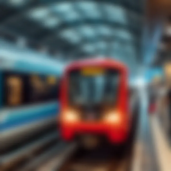 Train arriving at a bustling Dubai Metro station