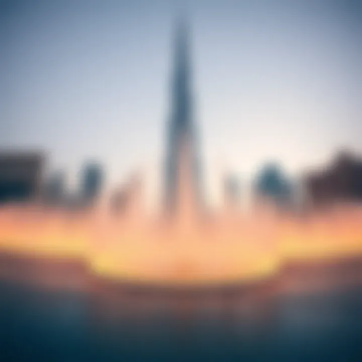 A panoramic shot showcasing the fountain with the Burj Khalifa in the background