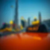 A detailed view of a Dubai taxi with skyline in the background