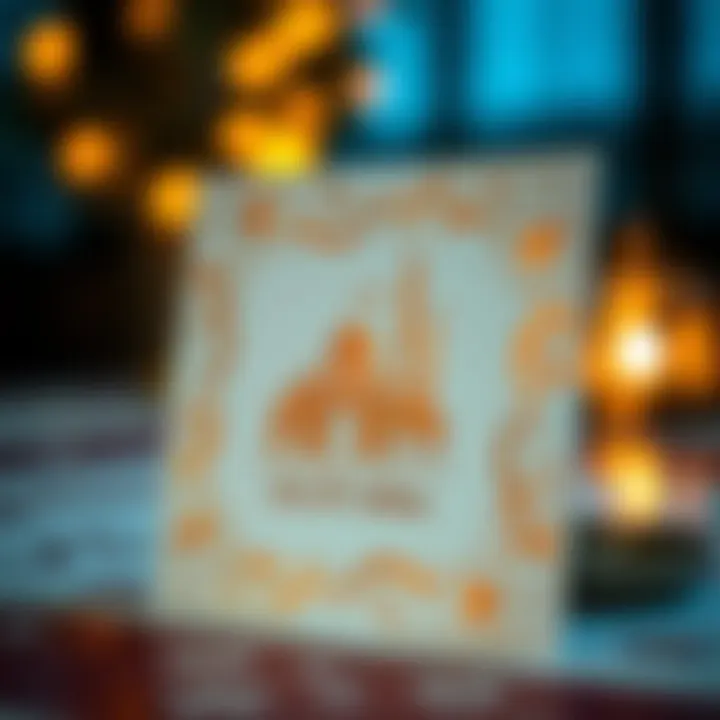 Close-up of a heartfelt Eid greeting card, showcasing intricate designs and warm wishes.