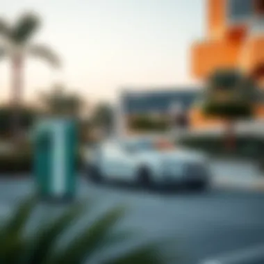 An electric charging station with multiple chargers in a public space
