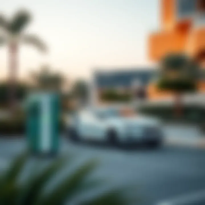 An electric charging station with multiple chargers in a public space
