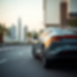 A sleek electric car model parked in a modern urban environment