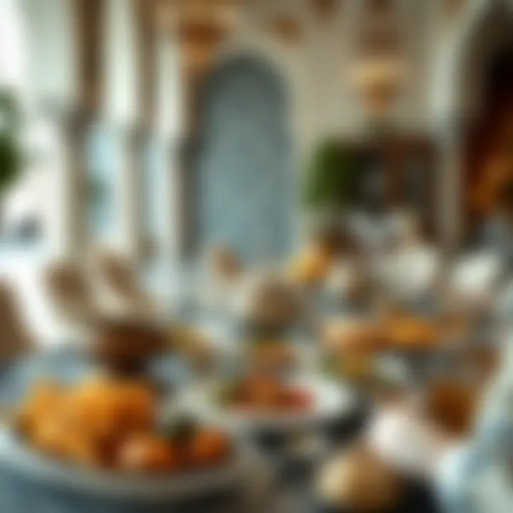 An ornate iftar table set with traditional Emirati dishes, reflecting the rich culinary heritage of Dubai.