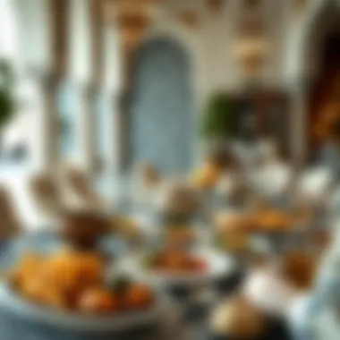 Traditional Iftar Table in Dubai An ornate iftar table set with traditional Emirati dishes, reflecting the rich culinary heritage of Dubai.