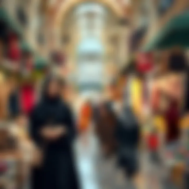 An elegant Abaya model walking through a bustling Dubai market, blending tradition with contemporary style