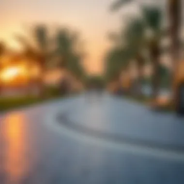 A tranquil scene of Al Mushrif Park during sunset, highlighting its serene environment