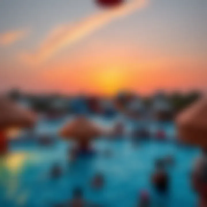Stunning sunset view over a popular aqua park filled with visitors