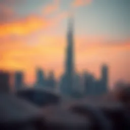 A stunning view of Burj Dubai against a vibrant sunset.