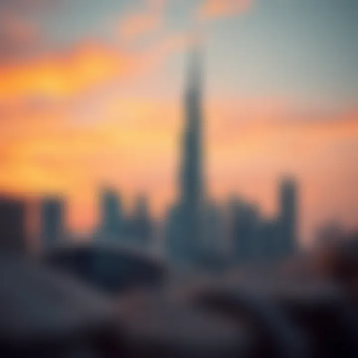A stunning view of Burj Dubai against a vibrant sunset.