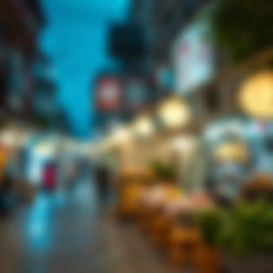 A vibrant street scene showcasing a variety of restaurants in مويلح