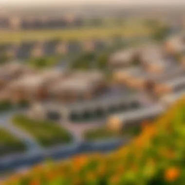 Panoramic view of Damac Hills showcasing residential communities and green spaces