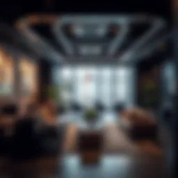 A modern co-working space interior showcasing collaborative work areas and creative design