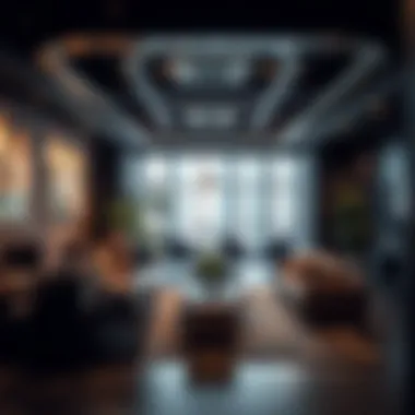 A modern co-working space interior showcasing collaborative work areas and creative design