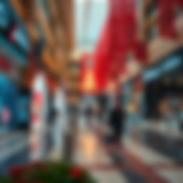 A vibrant shopping area within the mall featuring a variety of retail stores