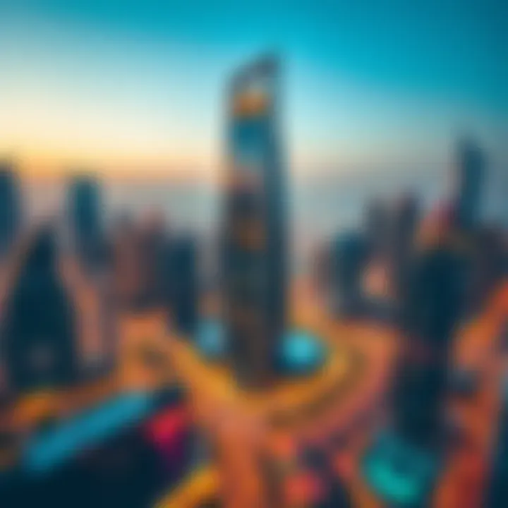 An aerial view of Dubai Trade Center surrounded by the vibrant skyline of Dubai.