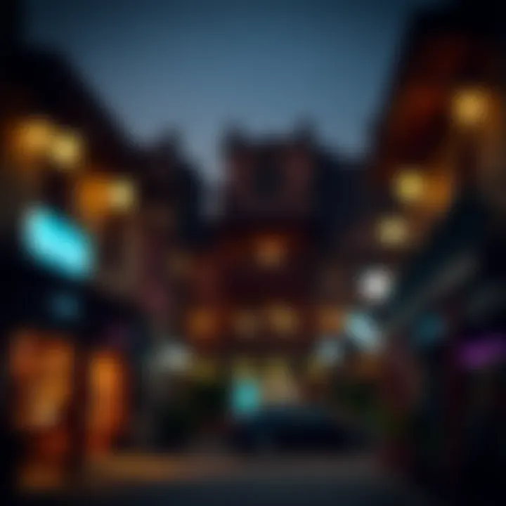 Cultural neighborhood showcasing traditional architecture at night