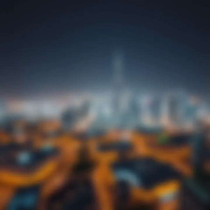 A panoramic view of Dubai's skyline illuminated at night