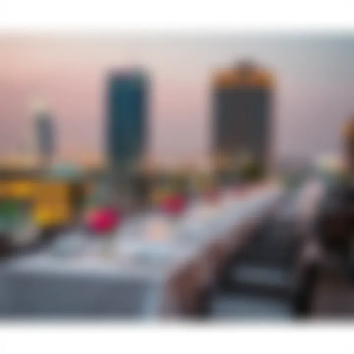 Elegant dining setup at a rooftop restaurant with a view