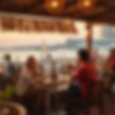 A group of friends enjoying a meal with a scenic beachfront view, embodying a lively atmosphere.