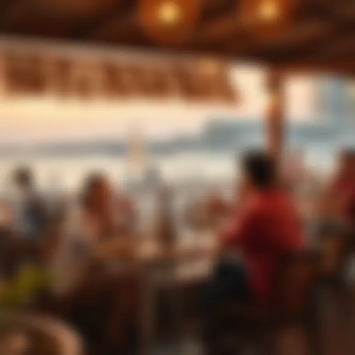 A group of friends enjoying a meal with a scenic beachfront view, embodying a lively atmosphere.