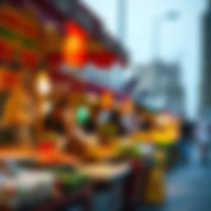 A vibrant street food market showcasing colorful food stalls and diverse culinary offerings.
