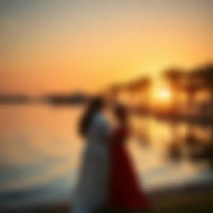 Couples enjoying a serene moment by the tranquil waters of Love Lake at sunset