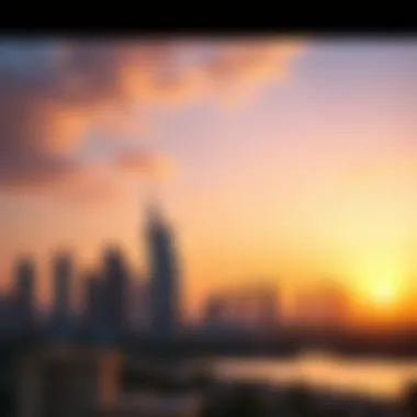 Panoramic skyline view of ملا بلازا against a sunset backdrop