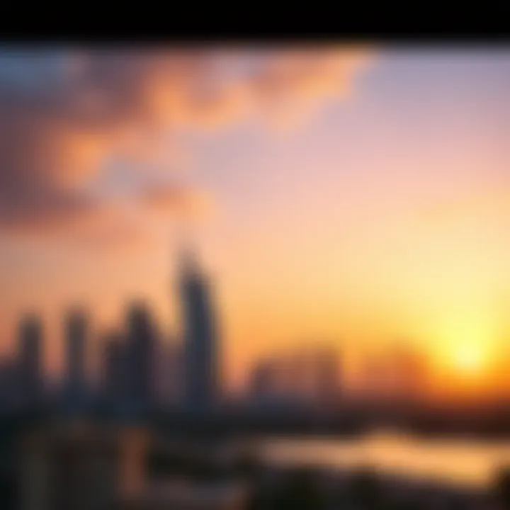 Panoramic skyline view of ملا بلازا against a sunset backdrop