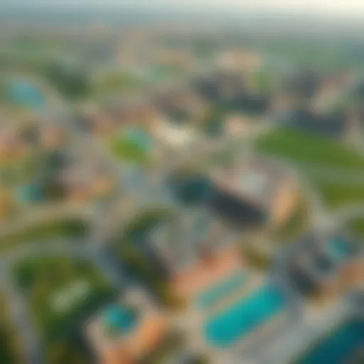 Aerial view of Oud Al Muteena showcasing residential areas and parks