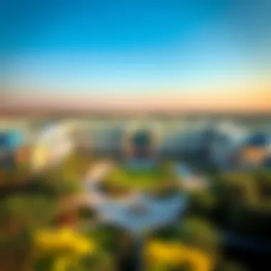 Aerial view of a private school campus in Dubai showcasing modern architecture and lush greenery.