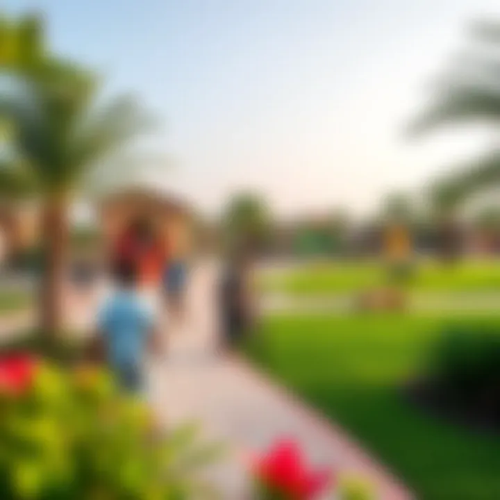 Vibrant community park in Rawdat Al Warqa with families enjoying leisure activities