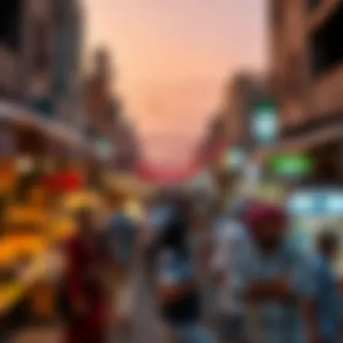 An evening market scene reflecting the vibrant community life in Satwa Square