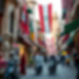 A vibrant street scene capturing the cultural diversity of Satwa Square