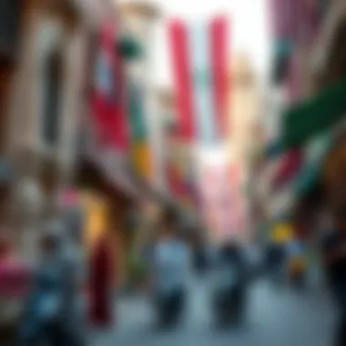 A vibrant street scene capturing the cultural diversity of Satwa Square