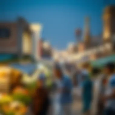 An overview of the bustling marketplace filled with shops and stalls