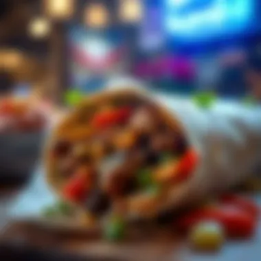 Delicious Shawarma Wrap Overflowing with Flavor A close-up of a shawarma wrap filled with savory meats and fresh vegetables