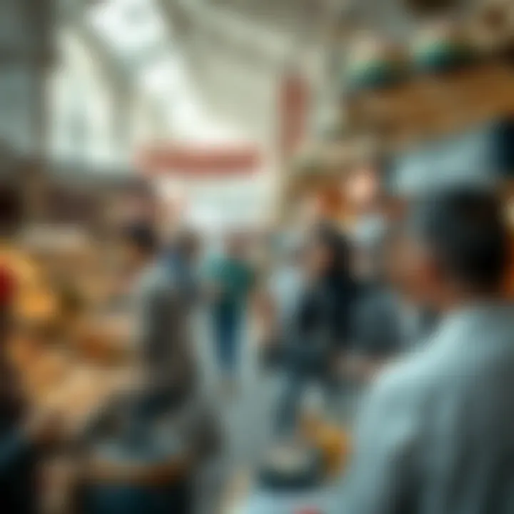 Visitors exploring stalls and engaging with vendors at the market.