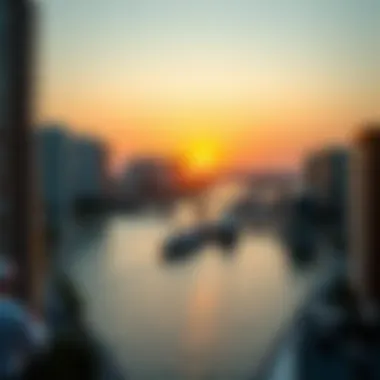 Panoramic view of the sunset over Dubai Water Canal enhancing urban ambiance