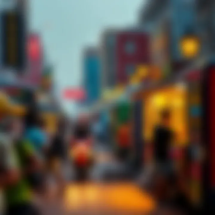 A bustling street filled with colorful food trucks and patrons