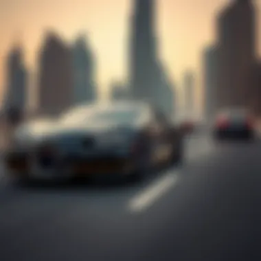 Bugatti cruising on Dubai roads under the city skyline