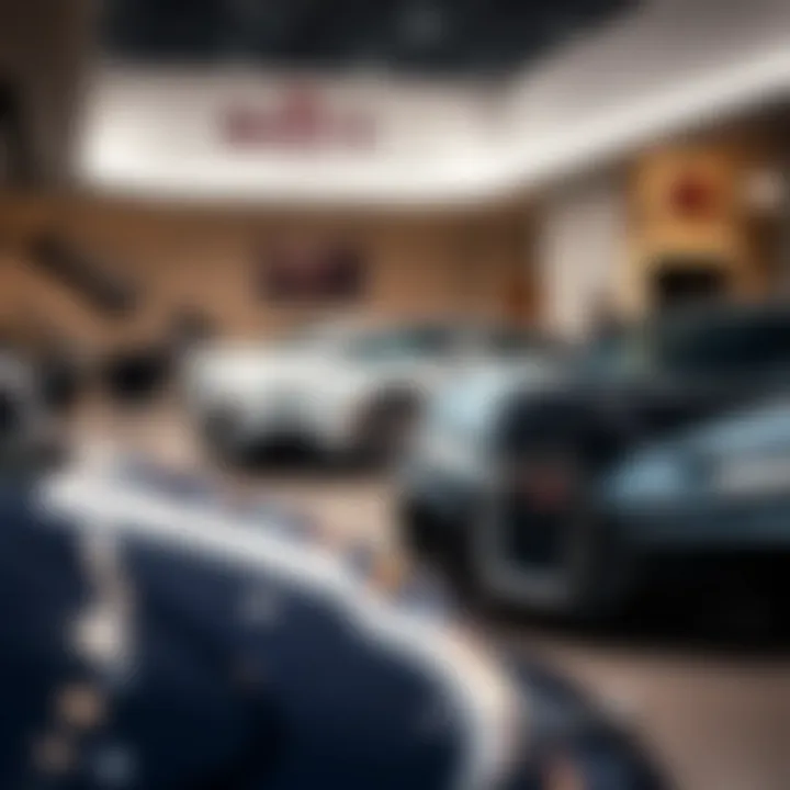 Showroom displaying a range of high-end Bugatti models