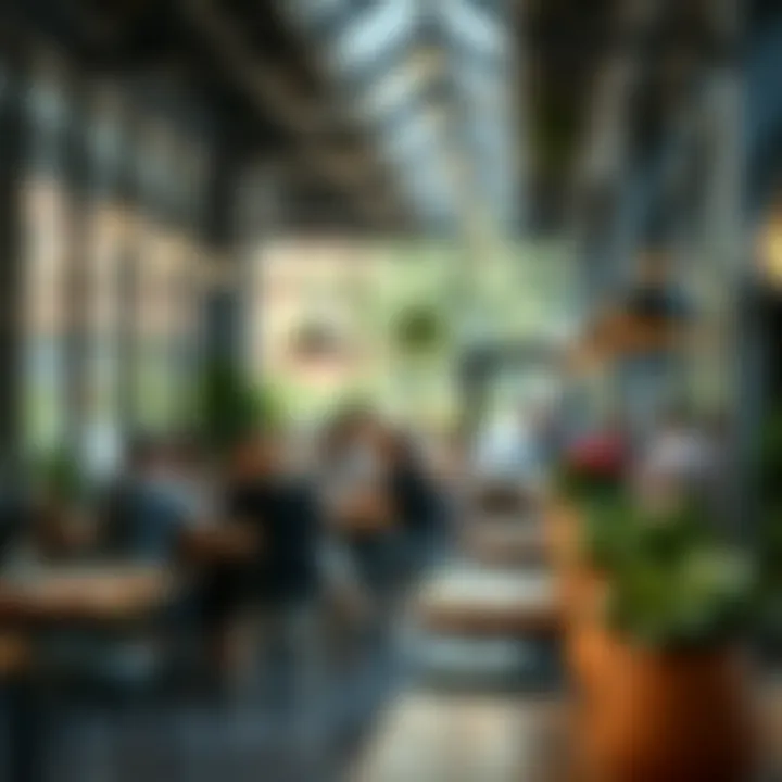 Interior view of a modern coffee shop bustling with activity