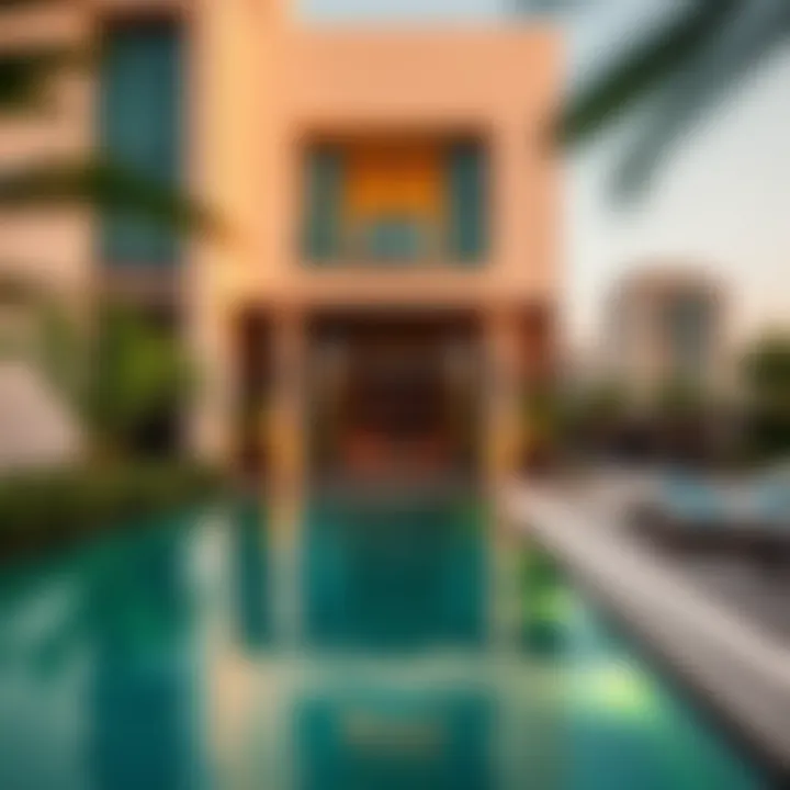 Luxurious swimming pool at Sayyah Residence surrounded by greenery