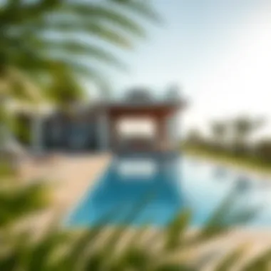 Swimming pool area of a villa in Hayyan surrounded by lush landscaping